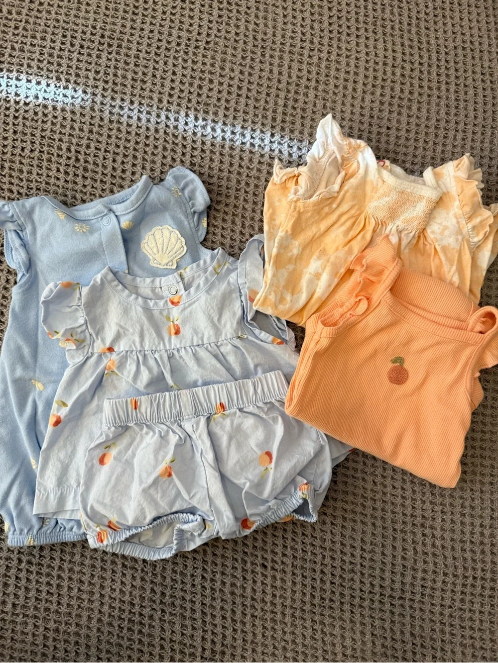 Carters + Burts Bees Baby Girl Bundle  0-3mo, Peach + Light Blue Outfits